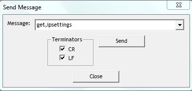 In the pop-up window, tick the CR and LF options. Under Message field, enter the command get,ipsettings then press Send. This command requests the IP settings from the LD7 processor.